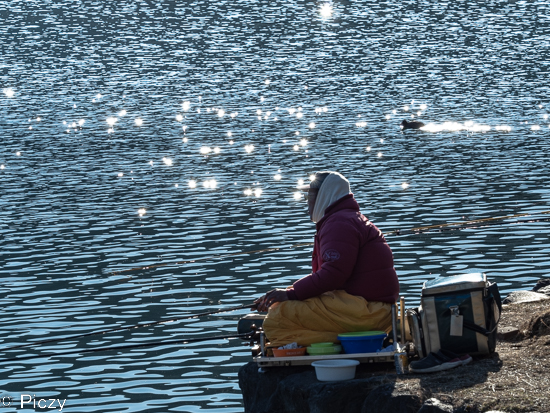 湖畔の釣り人の写真