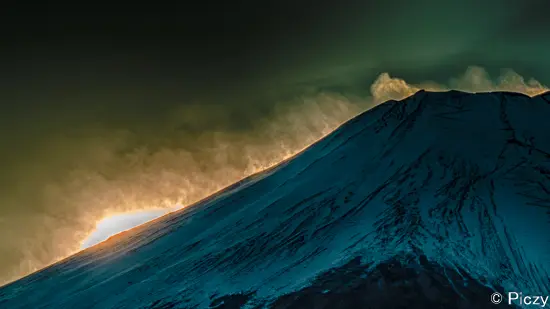 富士山に雪煙が立ち上る様子