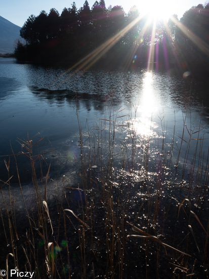 太陽と湖面の写真